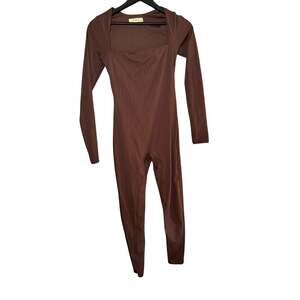 Qinsen Women's Brown Square Neck Long Sleeve Fitted Unitard Jumpsuit. Size S